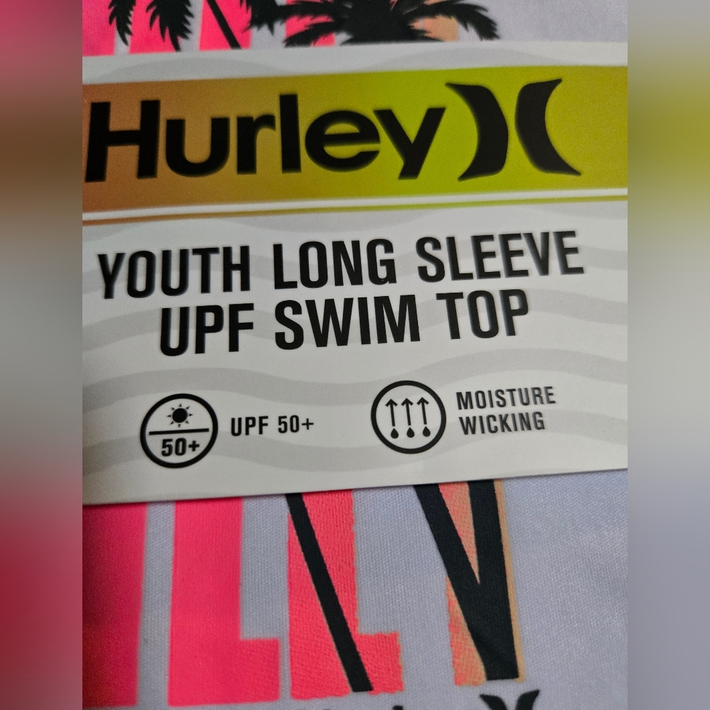 Hurley White Long Sleeve with Palm Tree Design UPF 50+ Size 5/6 - Picture 3 of 7